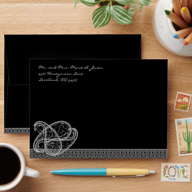 Black Paisley Damask Wedding Envelopes (Desk)