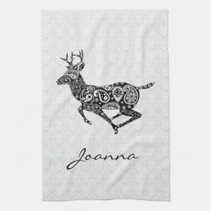Black Paisley Deer Tea Towel