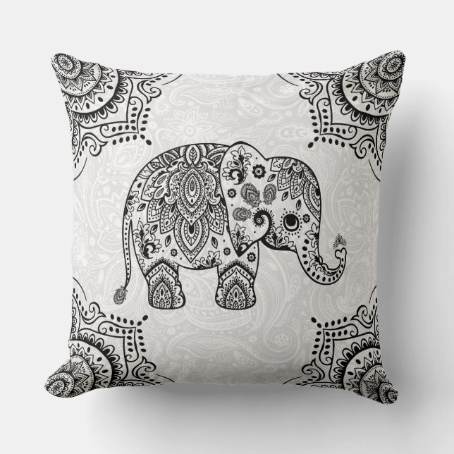 Black Paisley Elephant Illustration Cushion (Front)