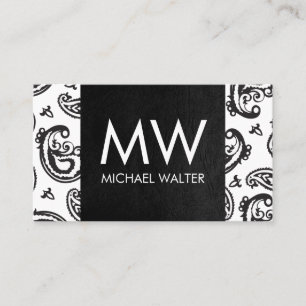 Black Paisley Flower Pattern   Black Leather Business Card