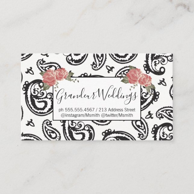 Black Paisley Flower Pattern | Roses Business Card (Front)