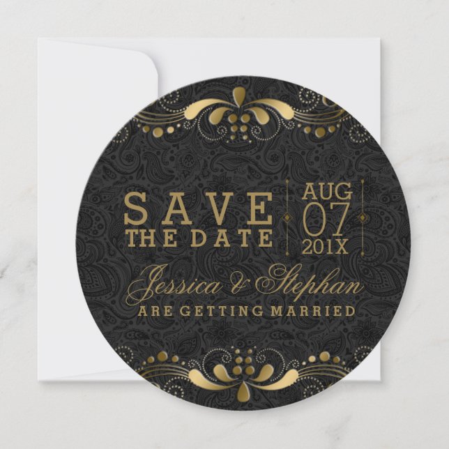 Black Paisley Gold Floral Swirls Save The Date (Front)