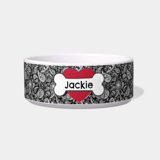 Black Paisley Heart Bone Medium Pet Bowl