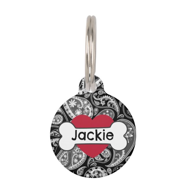 Black Paisley Heart Bone Pet Tag (Front)
