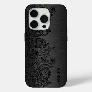 Black paisley lace Grey metallic background iPhone 15 Pro Case