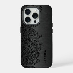 Black paisley lace Grey metallic background iPhone 15 Pro Case