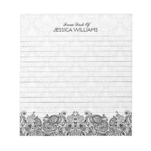 Black Paisley Lace White Damasks Background Notepad