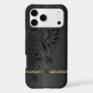 Black paisley mandala grey metallic background