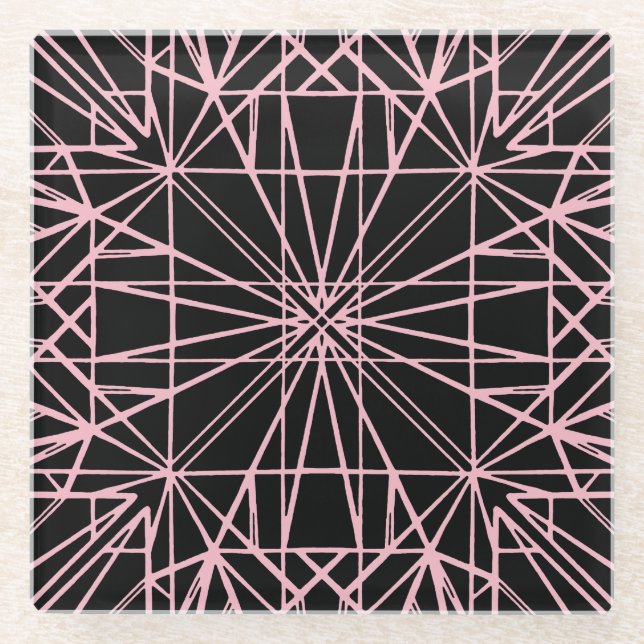 Black & Pale Pink Geometric Symmetry Glass Coaster (Front)