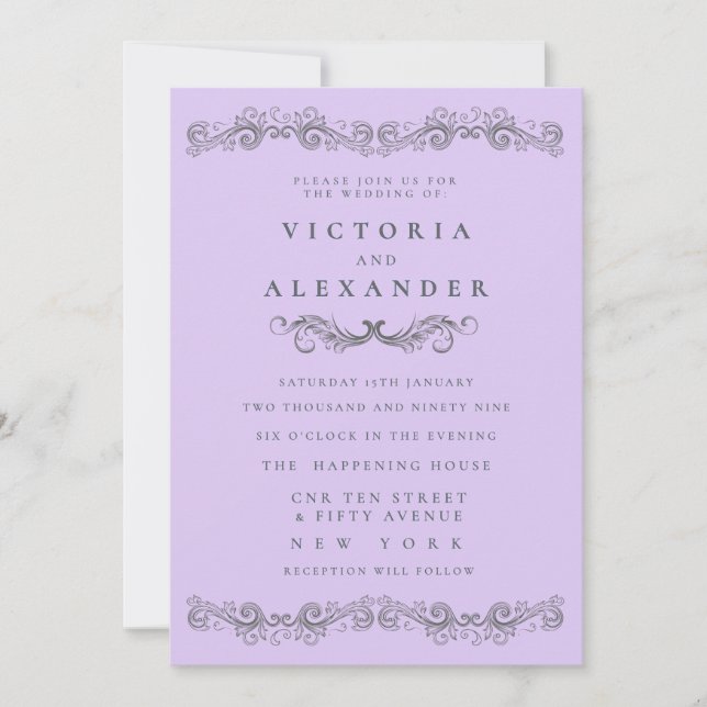 Black Pale Purple Flourish Any Time Wedding Invitation (Front)