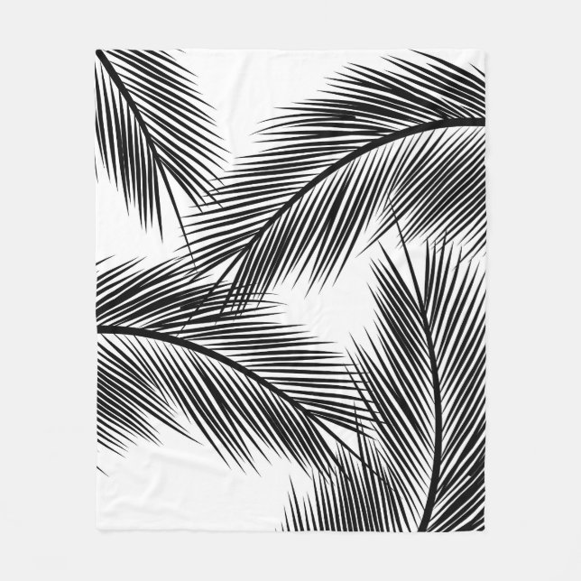 Black palm leaves on white background fleece blanket (Front)