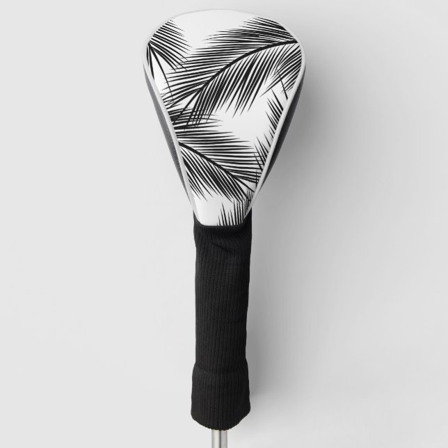 Black palm leaves on white background golf head cover (Front)
