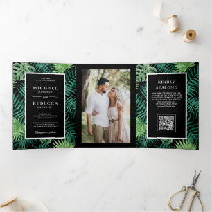 Black Palm Leaves Tropical QR Code Wedding Tri-Fold Invitation