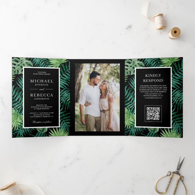 Black Palm Leaves Tropical QR Code Wedding Tri-Fold Invitation (Inside)