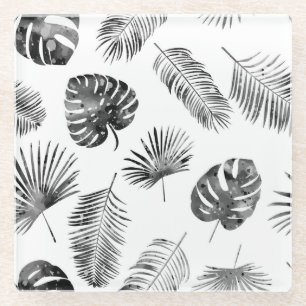 Black palm leaves: vintage seamless. glass coaster