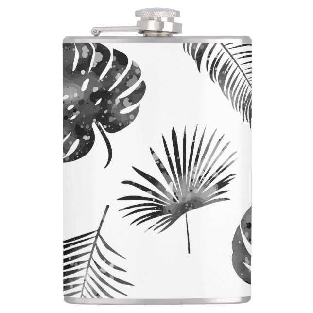 Black palm leaves: vintage seamless. hip flask (Front)