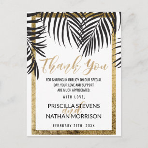Black Palm Tree Frond Gold Border Modern Thank You Postcard