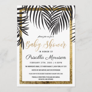 Black Palm Tree Fronds Gold Border Baby Shower Invitation