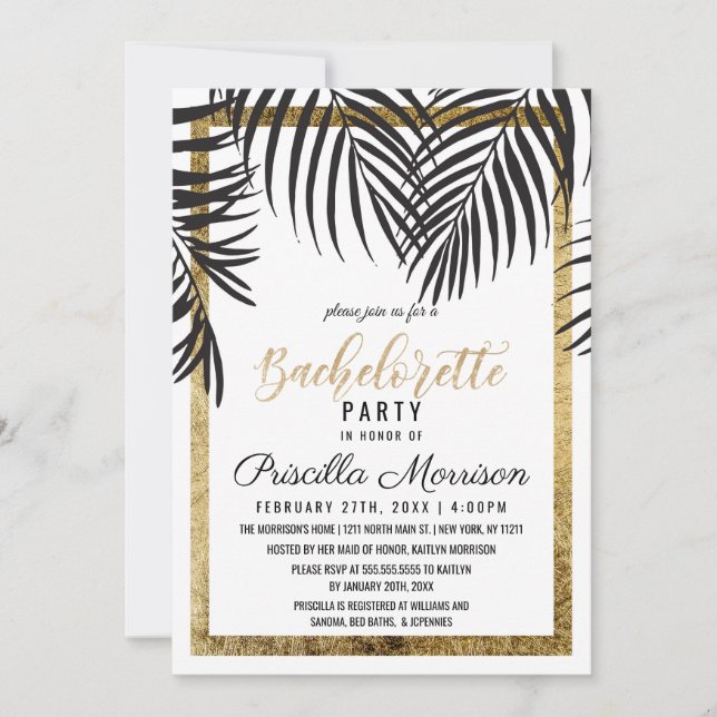 Black Palm Tree Fronds Gold Border Bachelorette Invitation (Front)