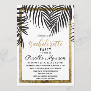 Black Palm Tree Fronds Gold Border Bachelorette Invitation