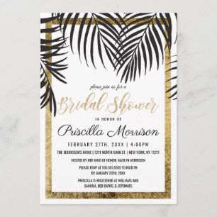 Black Palm Tree Fronds Gold Border Bridal Shower Invitation