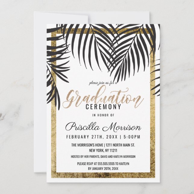 Black Palm Tree Fronds Gold Border Graduation Invitation (Front)