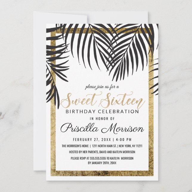 Black Palm Tree Fronds Gold Border Modern Sweet 16 Invitation (Front)