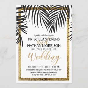 Black Palm Tree Fronds Gold Border Modern Wedding Invitation
