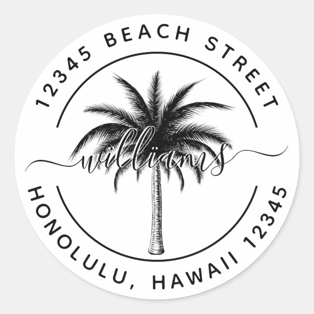Black Palm Tree Return Address Classic Round Sticker (Front)
