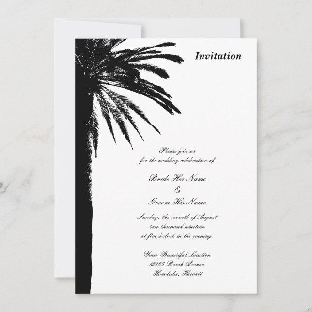 Black palm tree silhouette tropical beach wedding invitation (Front)