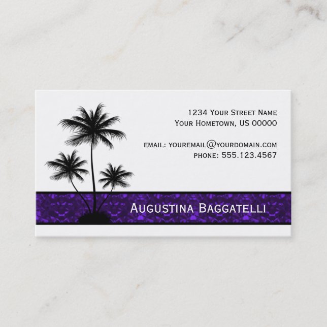 Black Palm Trees Silhouette With Purple Business Card (Front)