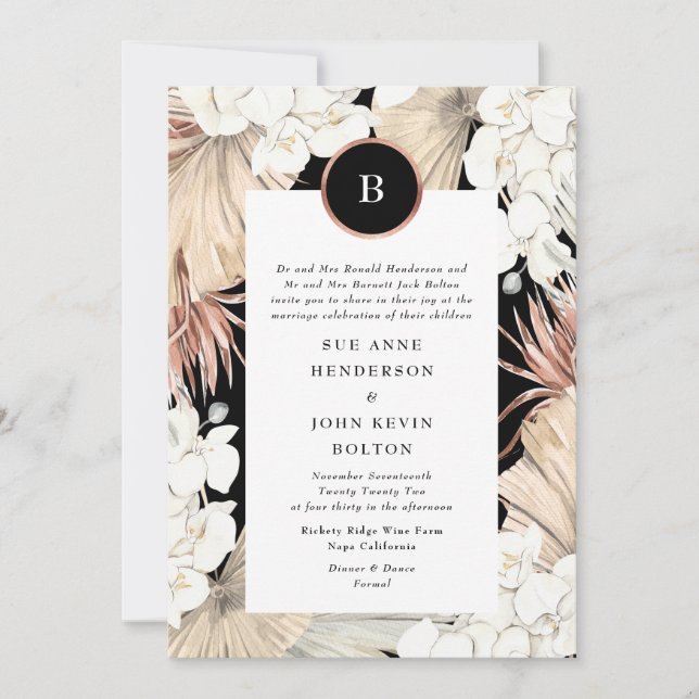 Black Pampas and Rose Gold Foil Wedding Invitation (Front)