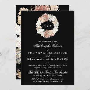 Black Pampas Floral Monogram Wreath Couples Shower Invitation