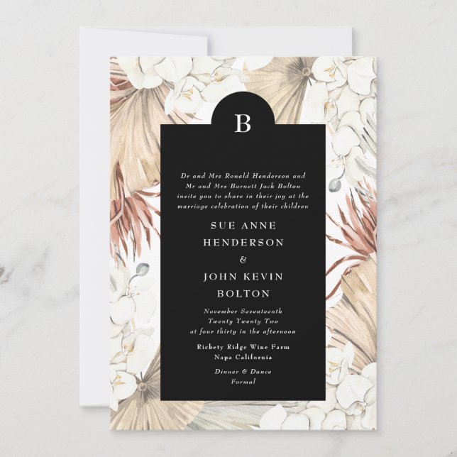Black Pampas Grass Elegant Border Monogram Wedding Invitation (Front)