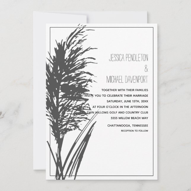 Black Pampas Grass on White Wedding Invitation (Front)