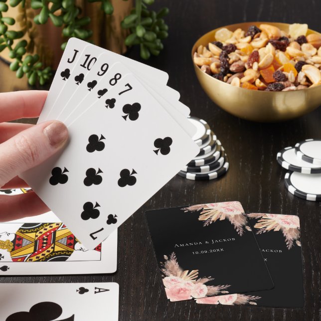 Black pampas grass rose gold florals Wedding Playing Cards (In Situ)