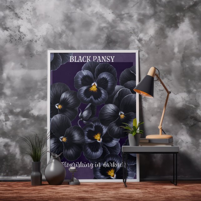 Black Pansy Dark Flowers Affirmation Poster (black pansy poster leaning against a wall.)