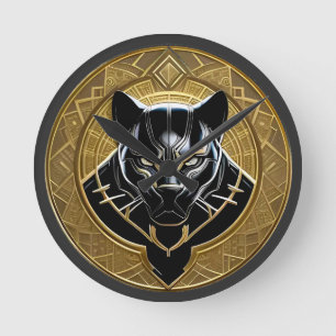 Black Panther Icon With Golden Geometric Backdrop Round Clock