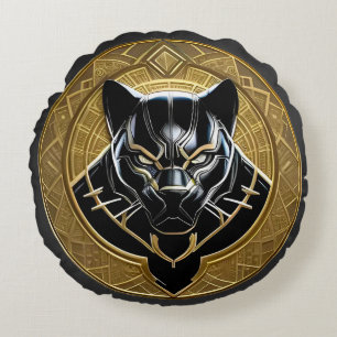 Black Panther Icon With Golden Geometric Backdrop Round Cushion