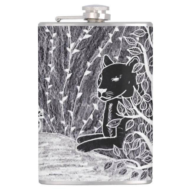 Black panther in the jungle - pencil drawing     hip flask (Front)