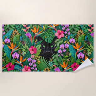 Black Panther Jungle Flowers & Tropical Foliage Beach Towel