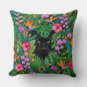 Black Panther Jungle Flowers & Tropical Foliage Cushion