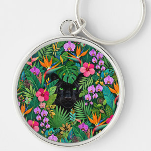 Black Panther Jungle Flowers & Tropical Foliage Key Ring