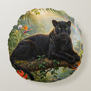 Black Panther Kenya Jungle Flowers Waterfall Round Cushion