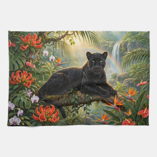 Black Panther Kenya Jungle Flowers Waterfall Tea Towel