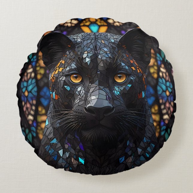 Black Panther Mosaic Stained Glass Round Cushion (Front)