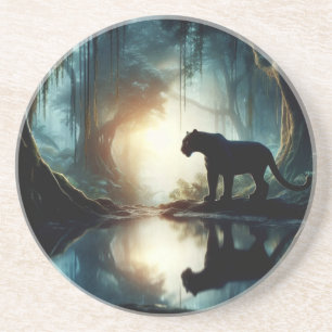 Black Panther Reflected in Pool of Water in Jungle Coaster