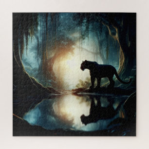 Black Panther Reflected in Pool of Water in Jungle Jigsaw Puzzle