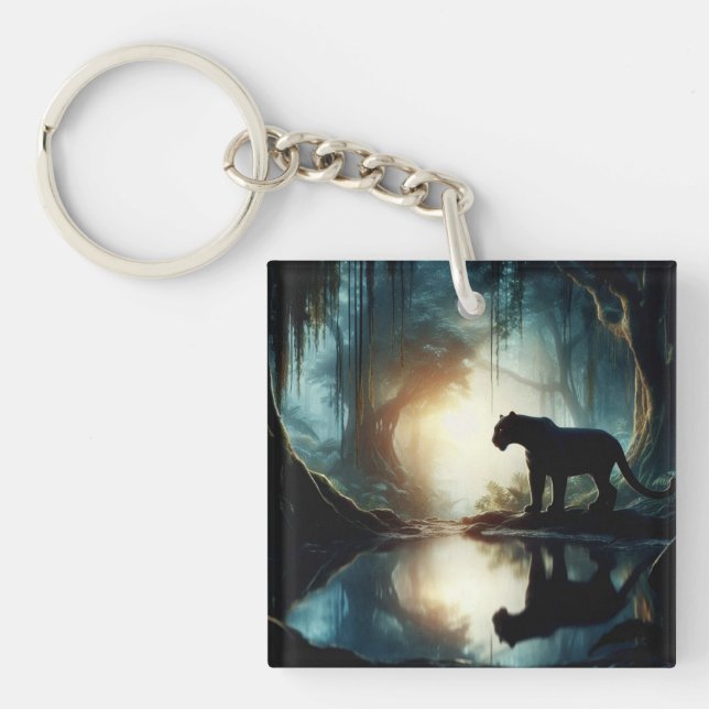 Black Panther Reflected in Pool of Water in Jungle Key Ring (Front)