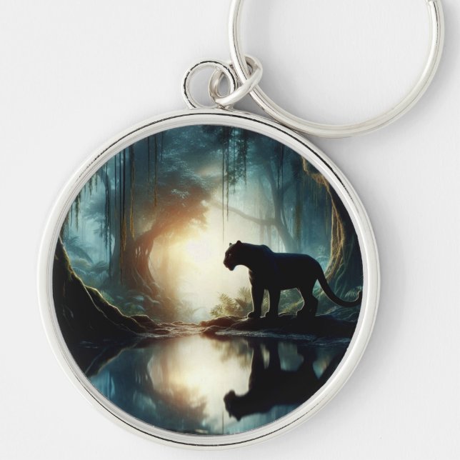 Black Panther Reflected in Pool of Water in Jungle Key Ring (Front)